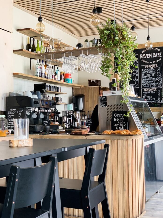 black wooden dining table in a coffee shop