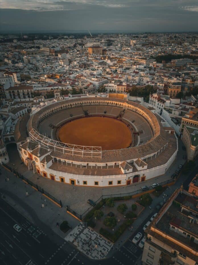 aerial view of plaza de toros in seville spain