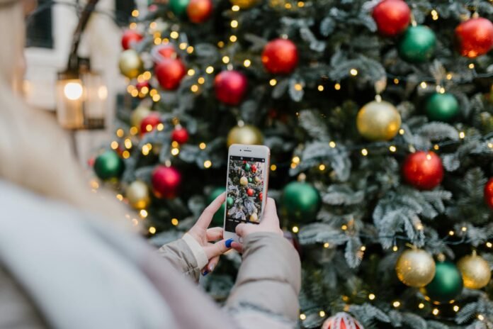 person taking photo of a christmas tree