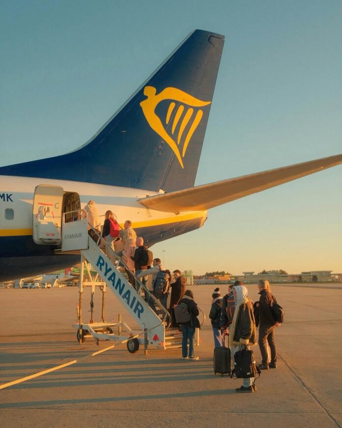 passengers boarding ryanair flight in porto