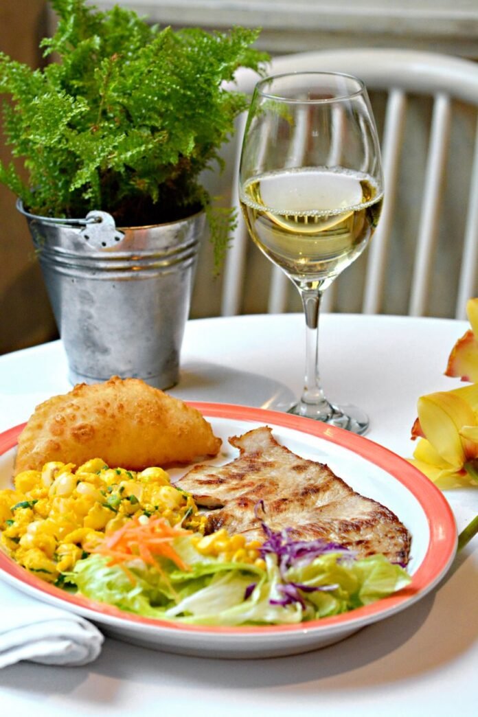 gourmet meal with wine and fresh salad