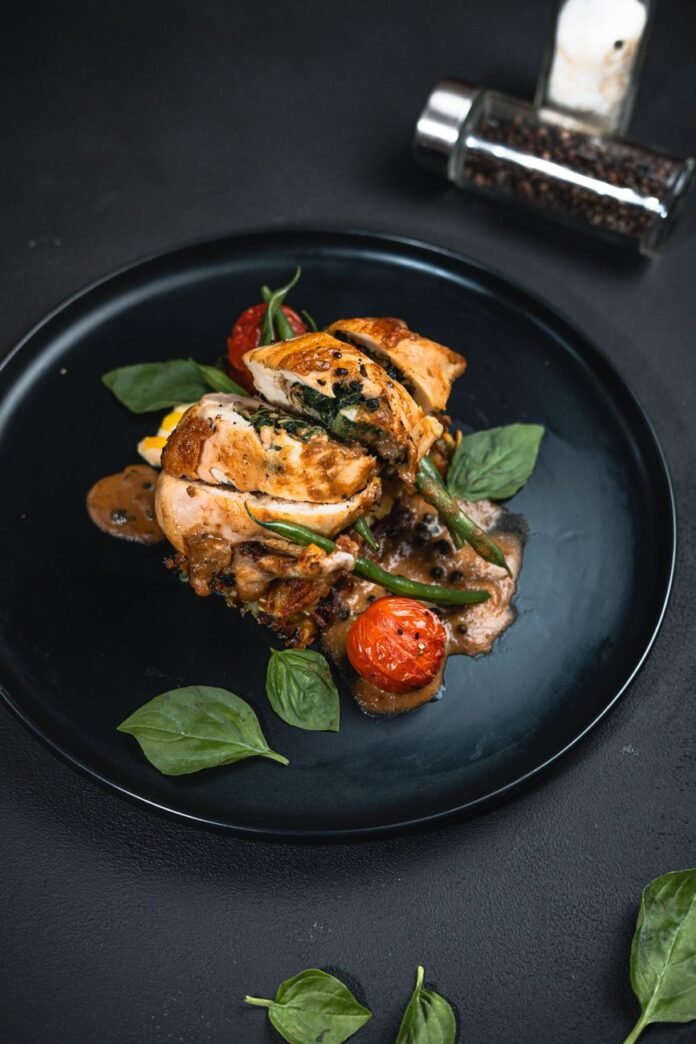 a plate of food with chicken and vegetables