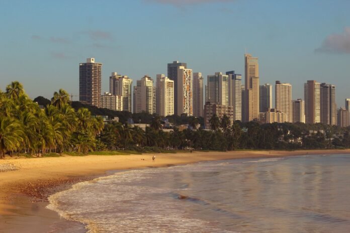 beachfront skyline of recife brazil at sunset